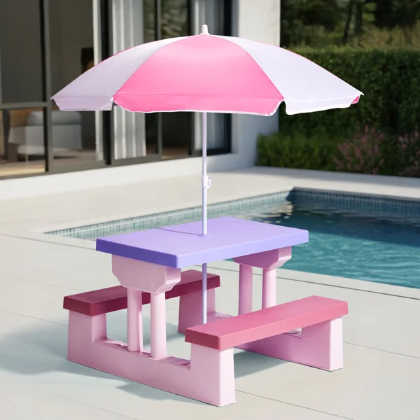 Kids Outdoor Table and Chair Sets with Removable Umbrella, Kids Picnic Table for Backyard Garden Patio, Pink & Purple view 4