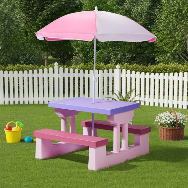 Kids Outdoor Table and Chair Sets with Removable Umbrella, Kids Picnic Table for Backyard Garden Patio, Pink & Purple view 5