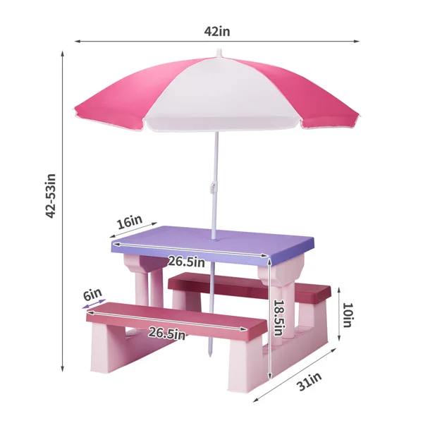 Kids Outdoor Table and Chair Sets with Removable Umbrella, Kids Picnic Table for Backyard Garden Patio, Pink & Purple view 6