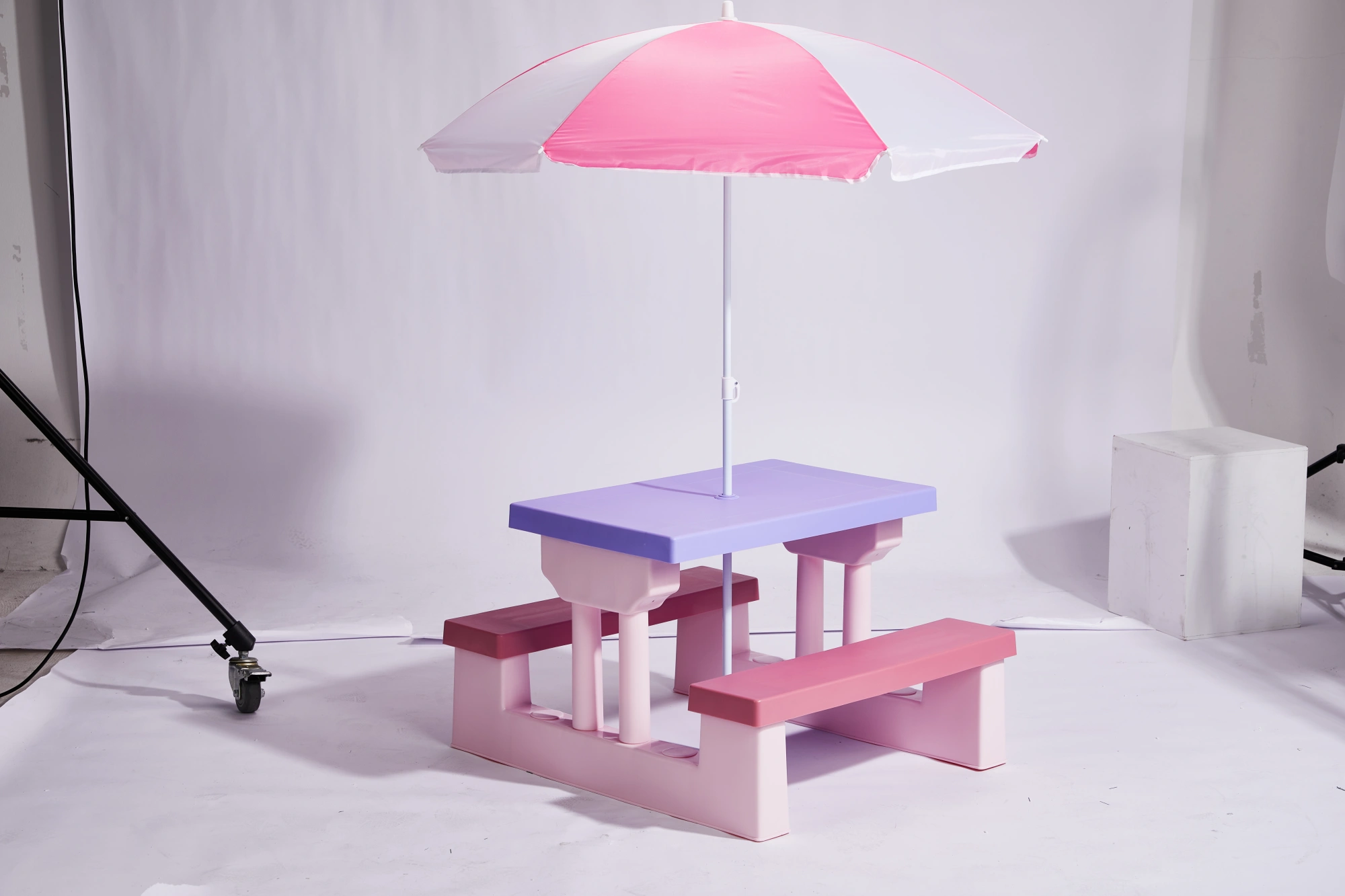 Kids Outdoor Table and Chair Set with Removable Umbrella, Picnic Table for Backyard Garden Patio, Pink Purple view 12