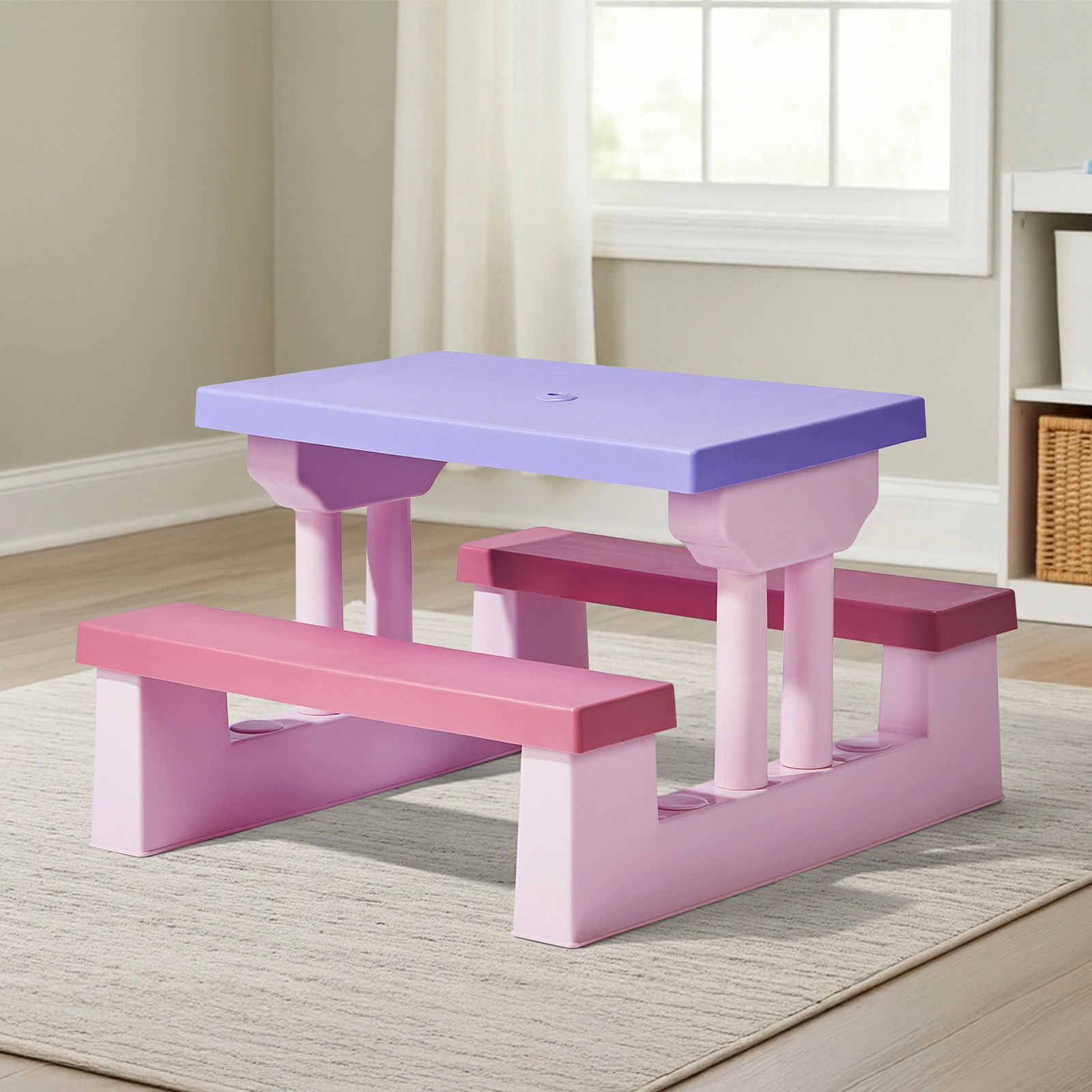 Kids Outdoor Table and Chair Set with Removable Umbrella, Picnic Table for Backyard Garden Patio, Pink Purple view 2