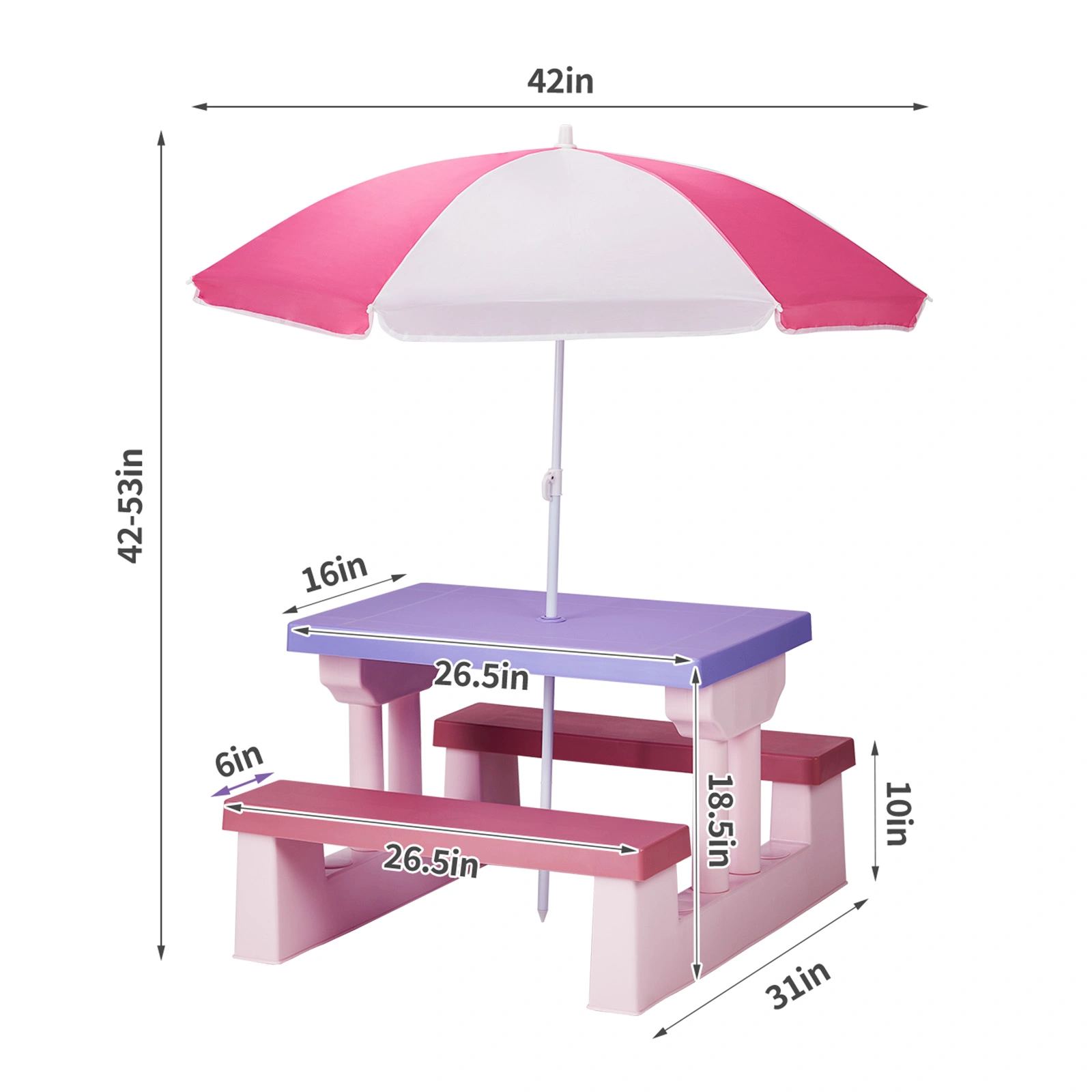 Kids Outdoor Table and Chair Set with Removable Umbrella, Picnic Table for Backyard Garden Patio, Pink Purple view 6