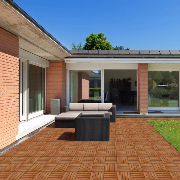 27pcs Wood Interlocking Deck Tiles 11.8"x11.8", Waterproof Flooring Tiles for Indoor and Outdoor, Patio Wood Flooring for Patio Porch Poolside Balcony Backyard, Stripe Pattern view 6