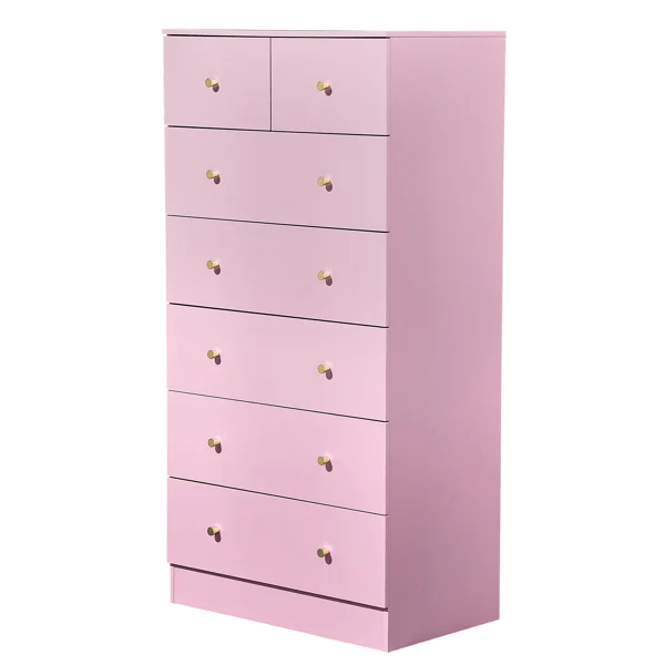 25.98"*15.75"*51.57" (L*W*D) 6-tier 7-Drawer Cabinet Drawer Dresser with Gold Handles Macaron Pink view 2
