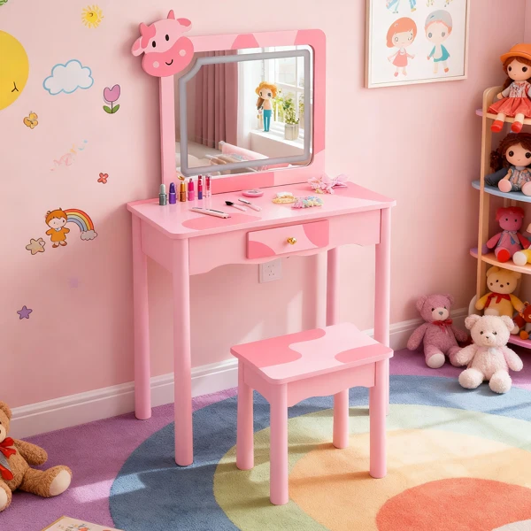Pink MDF + solid wood legs, spray paint + silkscreen printing, cow pattern, 1-drawer children's dressing table set, LED three-color backlit touch switch view 2