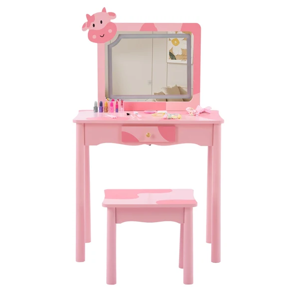 Pink MDF + solid wood legs, spray paint + silkscreen printing, cow pattern, 1-drawer children's dressing table set, LED three-color backlit touch switch view 4