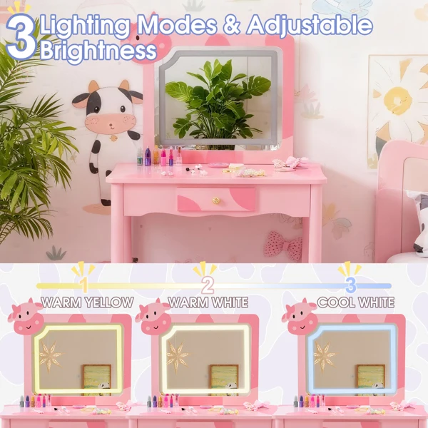Pink MDF + solid wood legs, spray paint + silkscreen printing, cow pattern, 1-drawer children's dressing table set, LED three-color backlit touch switch view 6