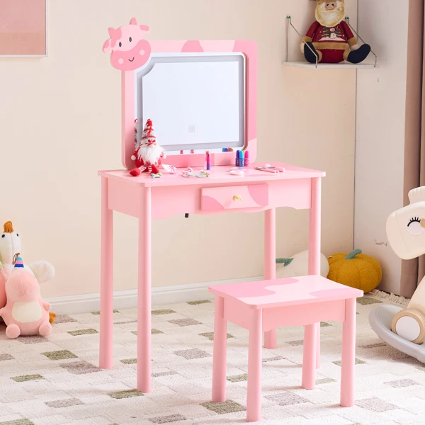 Pink MDF + solid wood legs, spray paint + silkscreen printing, cow pattern, 1-drawer children's dressing table set, LED three-color backlit touch switch