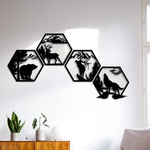 CIFbuy™ Iron Hexagon Forest Animal Wall Art Set, Rustic Outdoor Style Wall Hanging, Nature Theme Home Decor view 4