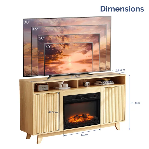 Oak Fireplace TV Stand with 23 Inch Insert, Double Grid Doors, Gold Handles & 2 Shelves, Media Console 58 x 13.6 x 32 Inch view 6