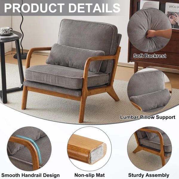 Low Arm Accent Chair - Light Gray Corduroy Upholstered Indoor Lounge Chair, Compact Single Seater with Sturdy Frame (330LBS Weight Capacity) view 5