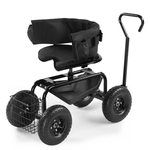 Rolling Garden Cart with Cushioned Backrest & Seat, Outdoor Gardening Stool for Planting, Garden Scooter with 360 Degree Swivel Seat & Steering Handle & Tool Tray, Black view 3