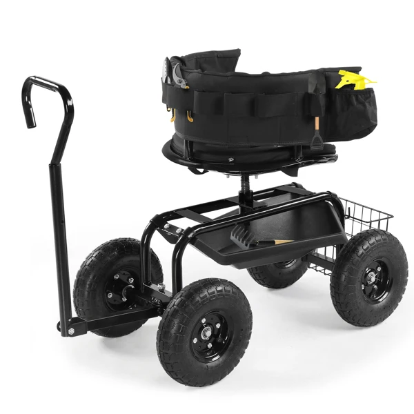 Rolling Garden Cart with Cushioned Backrest & Seat, Outdoor Gardening Stool for Planting, Garden Scooter with 360 Degree Swivel Seat & Steering Handle & Tool Tray, Black view 4