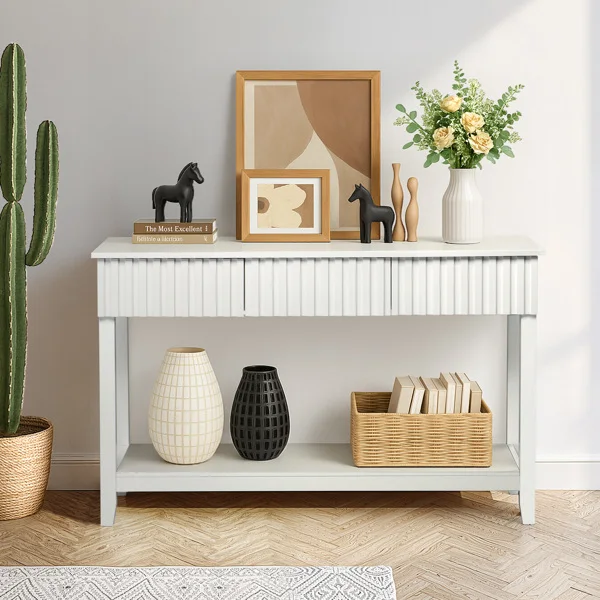 Modern Console Table with 3 Drawers and Open Storage Shelf, Entryway Table Narrow Long Sofa Table Hallway Foyer Table Behind Couch Table, White view 2