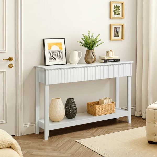 Modern Console Table with 3 Drawers and Open Storage Shelf, Entryway Table Narrow Long Sofa Table Hallway Foyer Table Behind Couch Table, White view 5
