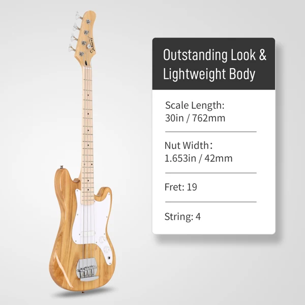 4 String 30in Short Scale Thin Body GB Electric Bass Guitar with Bag Strap Connector Wrench Tool Burlywood view 4