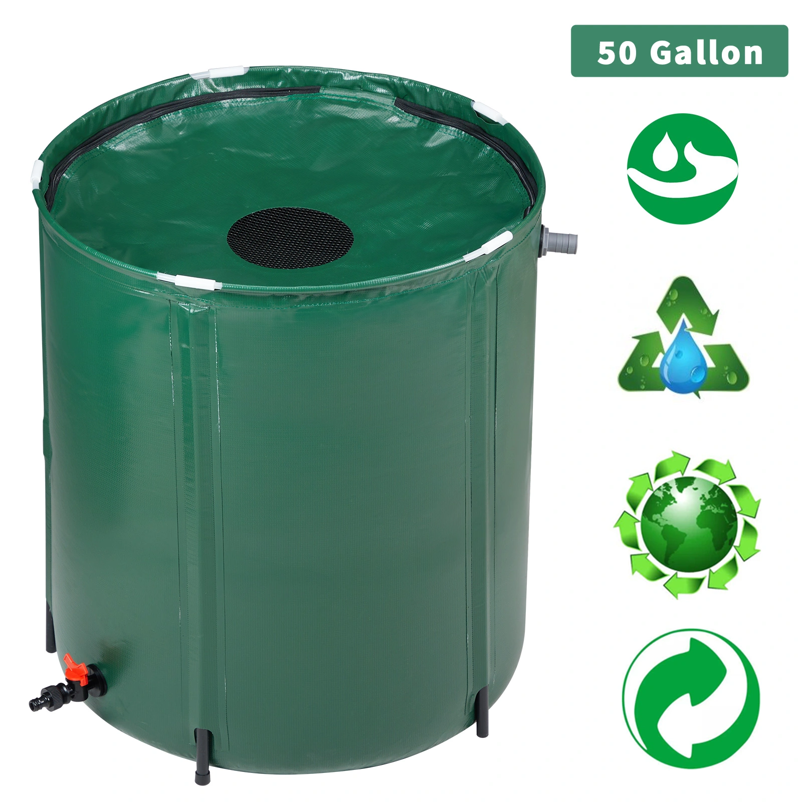 50 Gallon Folding Rain Barrel Water Collector, Green Garden Irrigation Storage Barrel with Lid view 10