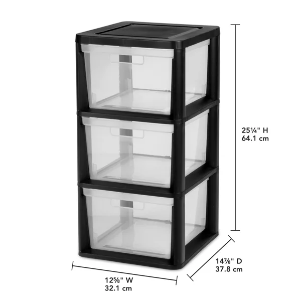 3 Drawer Tower, Plastic Storage Organizer with Removable Clear Bins, Easy to Assemble - No Tools Needed, Black (Shipment from Walmart) view 2