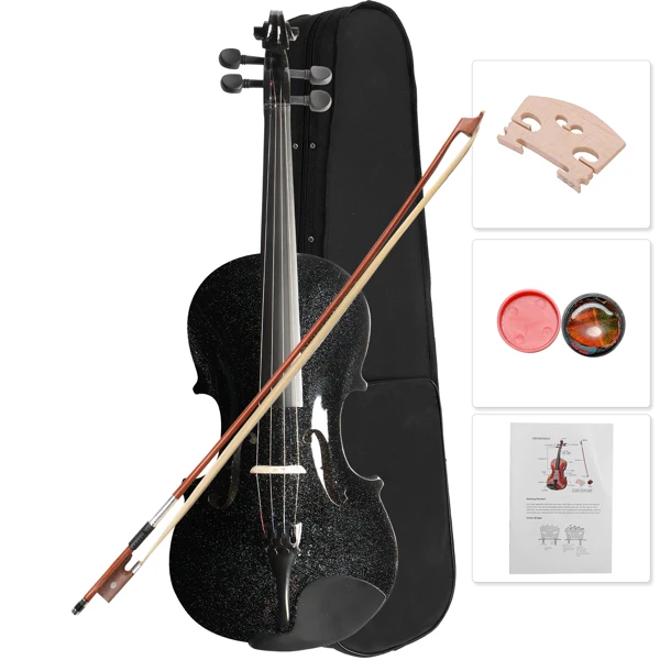 New 4/4 Acoustic Violin Case Bow Rosin Black view 2