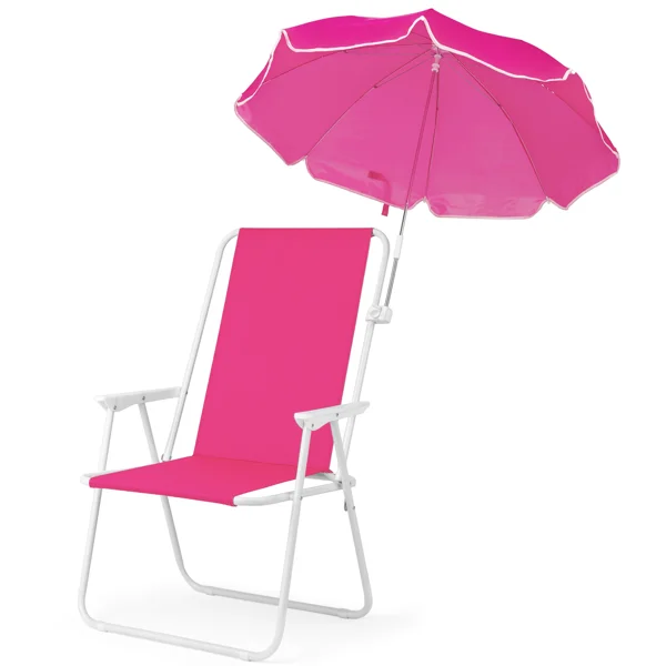 1 Pack Folding Beach Chair with Umbrella, XL Size, 15" Seat Height, Barbie Pink, Steel Spring Chair with Cross Bar, Oxford Cloth, 120kg Capacity view 3