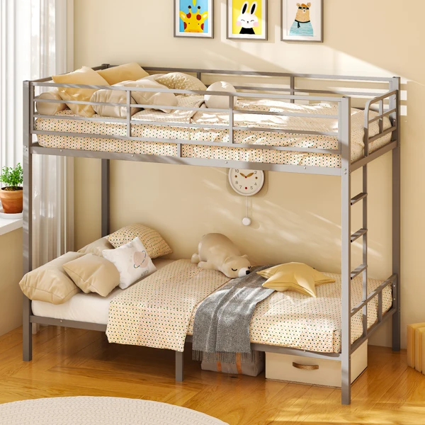 Grey Twin Bunk Bed Square Tube High Guardrail Side Ladder Opening Iron Bed view 3