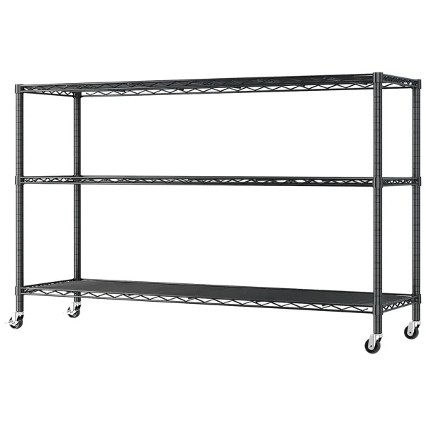 3-tier, adjustable shelf spacing, with adjustable feet and wheels, iron display stand, 117*45*104cm, powder-coated black view 2