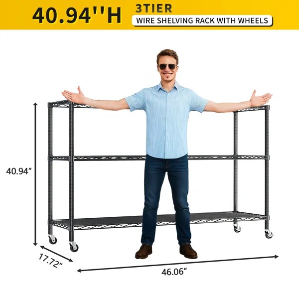 3-tier, adjustable shelf spacing, with adjustable feet and wheels, iron display stand, 117*45*104cm, powder-coated black view 6
