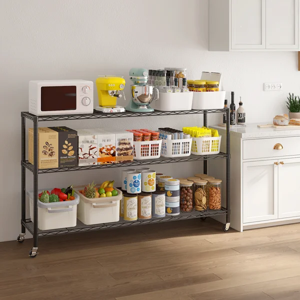 3-tier, adjustable shelf spacing, with adjustable feet and wheels, iron display stand, 117*45*104cm, powder-coated black