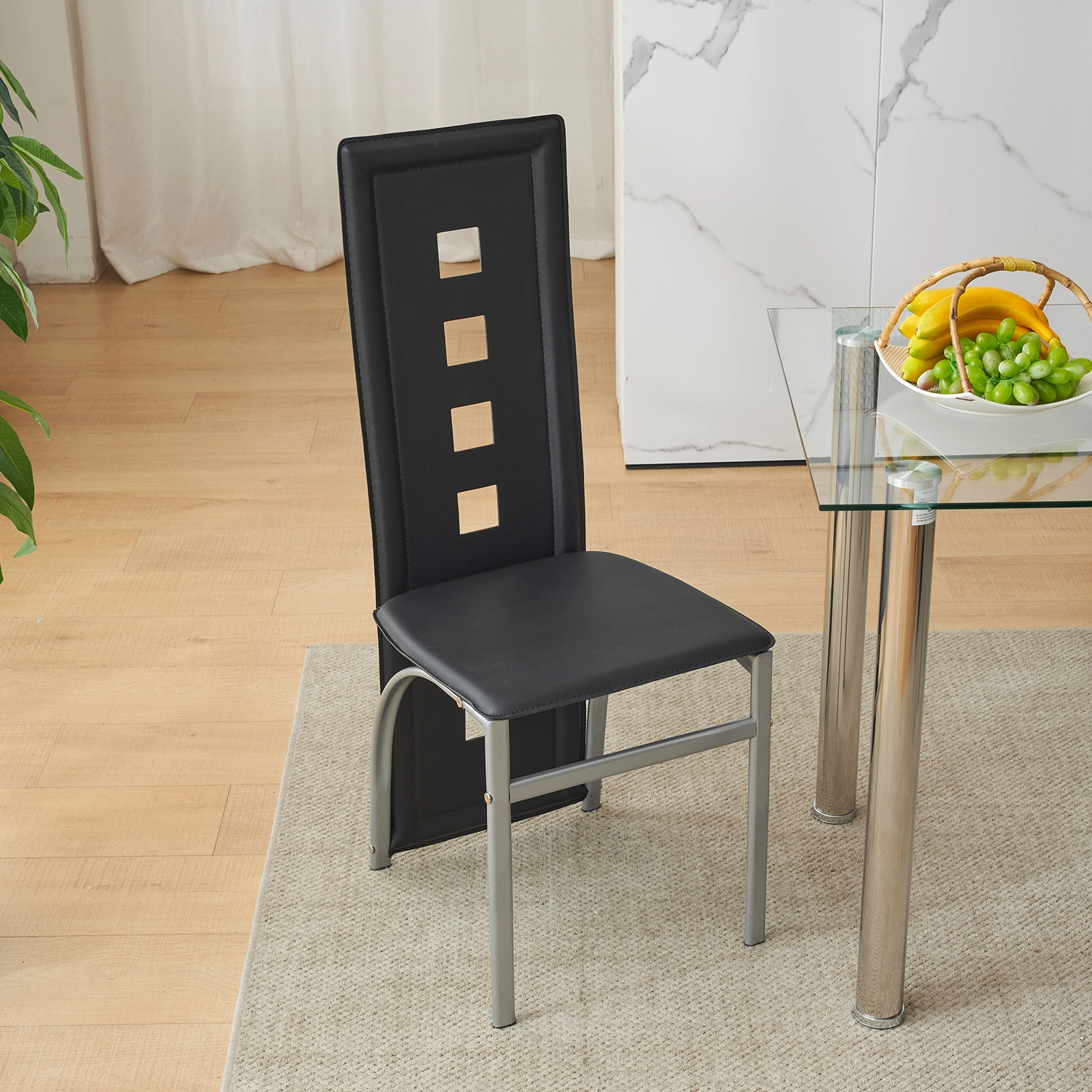 4pcs Dining Chair Covers, Long Backrest Square Hollow Design, PU Leather with Black Cushion, Electroplated Round Tube Legs, N201