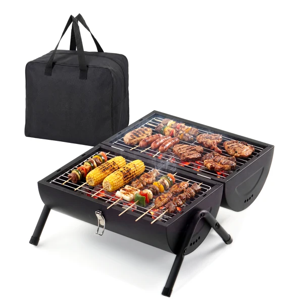 Portable Charcoal Grill Outdoor Stove, Two Side Carbon Griller for BBQ, Tabletop Barbecue Grill for Outdoor Camping Backyard Party, Black view 2