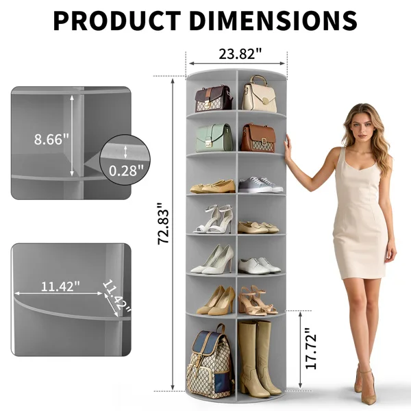 7-tier, 360° rotating wood-plastic composite shoe rack, 60*60*184cm, gray view 3