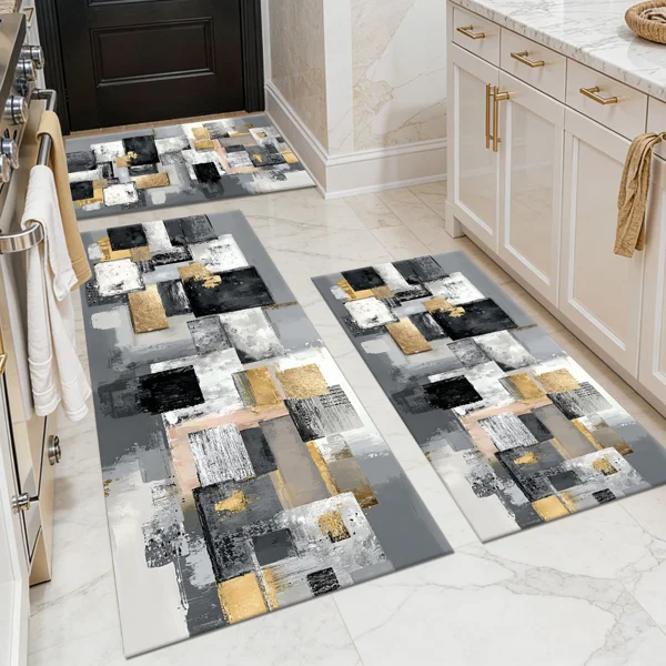 Three-piece kitchen rug set, non-slip and washable, abstract pattern kitchen hallway rug, soft and comfortable, suitable for sinks, floors, entrances, hallways and bathrooms.
