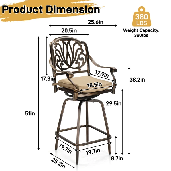 Outdoor Swivel Bar Stools Set of 2, Cast Aluminum Patio Bar Height Chairs, All-Weather Bar Dining Chairs Outdoor Swivel Chairs Furniture (Elizabethan Back) view 3