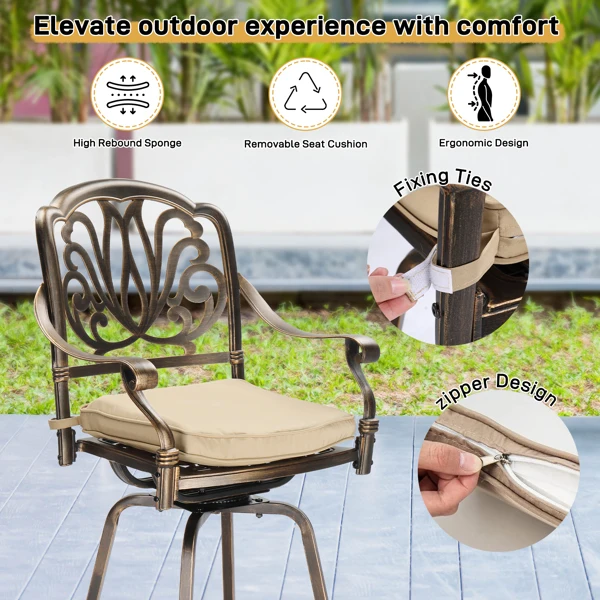 Outdoor Swivel Bar Stools Set of 2, Cast Aluminum Patio Bar Height Chairs, All-Weather Bar Dining Chairs Outdoor Swivel Chairs Furniture (Elizabethan Back) view 4