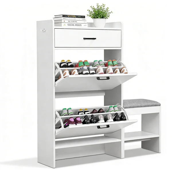 2-tier shoe cabinet with top flip-up lid and drawer, padded shoe changing bench, 1 hook, particleboard, 100*25*117cm, white view 3