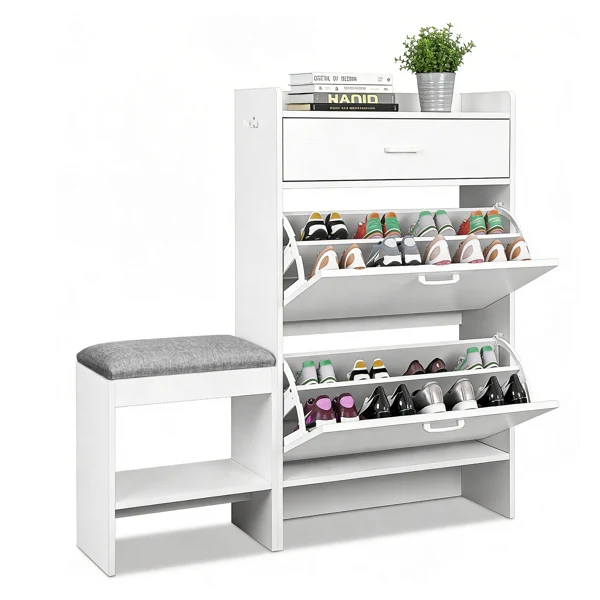 2-tier shoe cabinet with top flip-up lid and drawer, padded shoe changing bench, 1 hook, particleboard, 100*25*117cm, white view 4