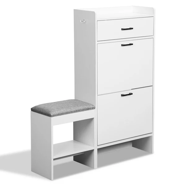 2-tier shoe cabinet with top flip-up lid and drawer, padded shoe changing bench, 1 hook, particleboard, 100*25*117cm, white