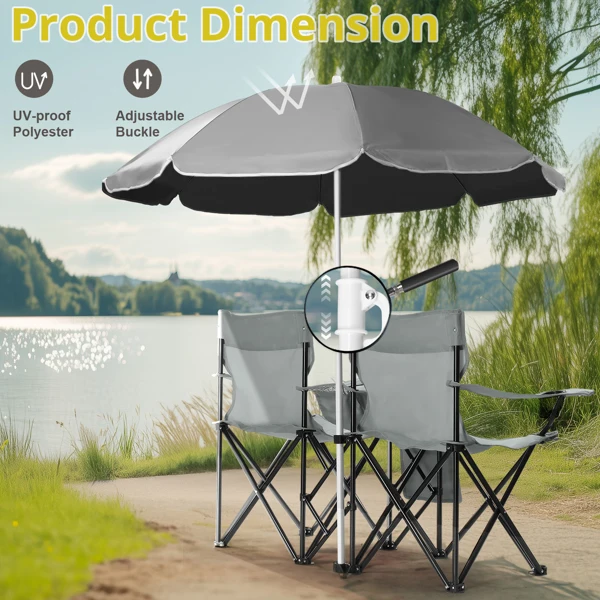 Portable Outdoor 2-Seat Folding Chair with Removable Sun Umbrella Grey view 5