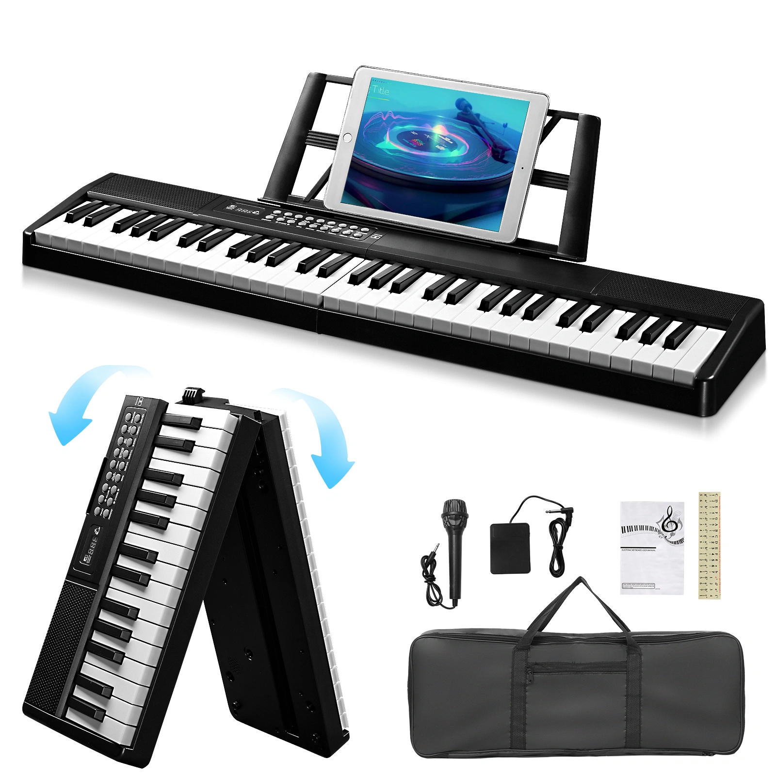 GEP-204 61-Key Folding Digital Piano Semi-Weighted Keys with Bluetooth & Handbag, Black view 10