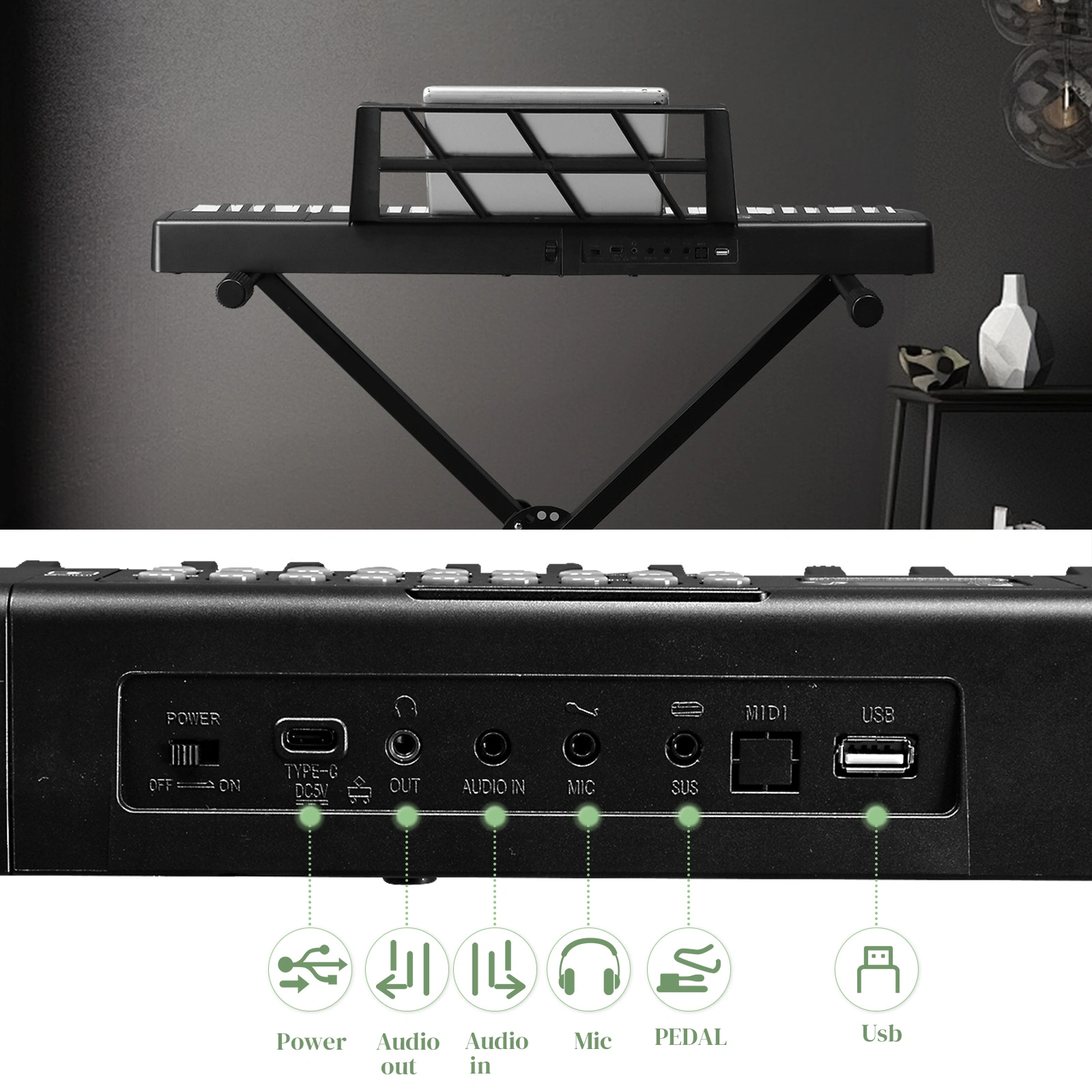 GEP-204 61-Key Folding Digital Piano Semi-Weighted Keys with Bluetooth & Handbag, Black view 7