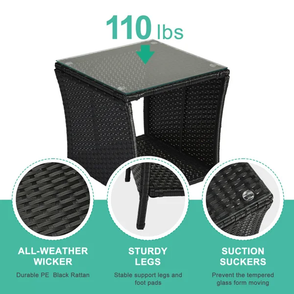 Outdoor Patio Wicker Side Table, Square End Table Bistro Coffee Table with Glass Top Storage Shelf for Porch Garden Backyard Black view 3