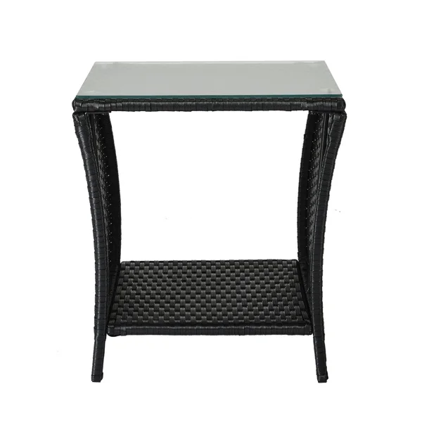 Outdoor Patio Wicker Side Table, Square End Table Bistro Coffee Table with Glass Top Storage Shelf for Porch Garden Backyard Black view 5