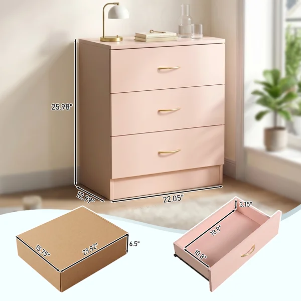 3-Drawer Chest with Faux Rose Gold Handles Drawer Dresser 22.05*12.99*25.98in Pink view 5