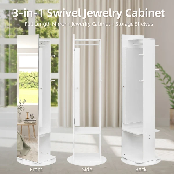 Jewelry Armoire with Full Length Mirror 360° and Large Capacity Jewelry Organizer Armoire, Mirror with Jewelry Storage, Coat Rack,Multi Storage Shelves view 3