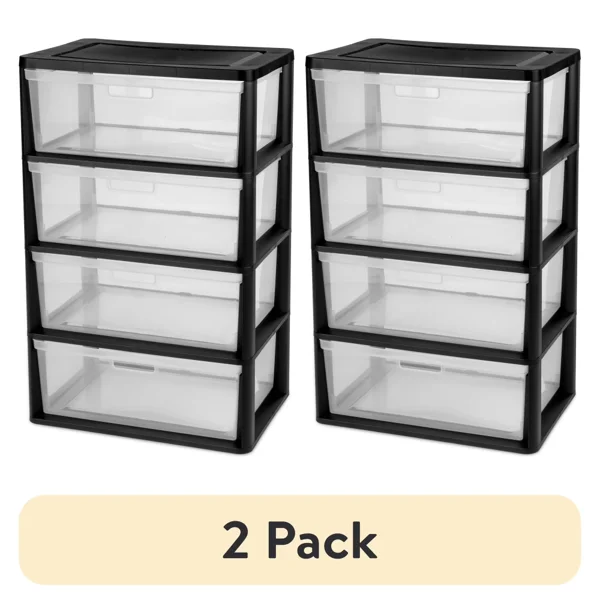 (2 pack) Wide 4 Drawer Tower, Plastic Storage Organizer with Removable Clear Bins, Easy to Assemble - No Tools Needed, Black (Shipment from Walmart)