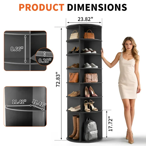 7-tier, 360° rotating wood-plastic composite shoe rack, 60*60*184cm, black view 4
