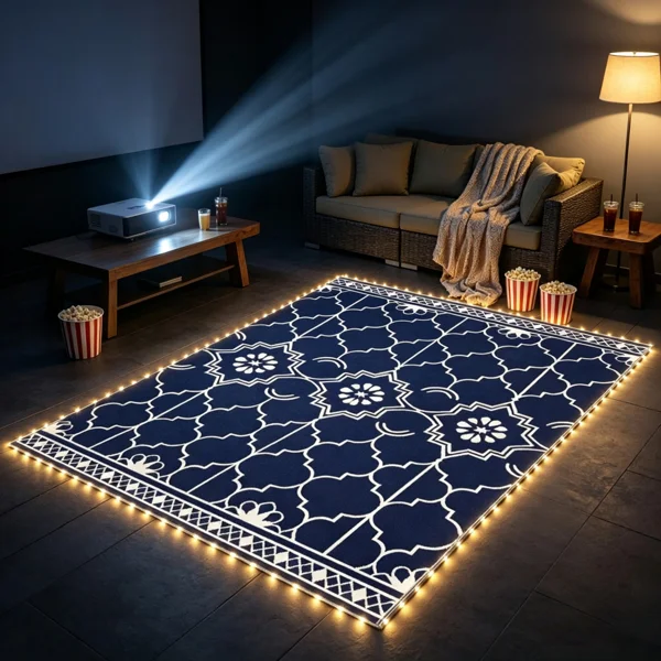 Reversible LED Light Outdoor Rug Carpet 12'x9' PP Straw Material with Carry Bag And Ground Stakes for Garden Patio Decor view 4