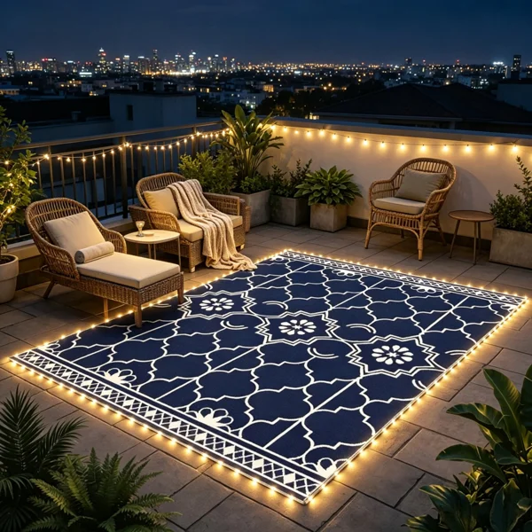 Reversible LED Light Outdoor Rug Carpet 12'x9' PP Straw Material with Carry Bag And Ground Stakes for Garden Patio Decor view 6