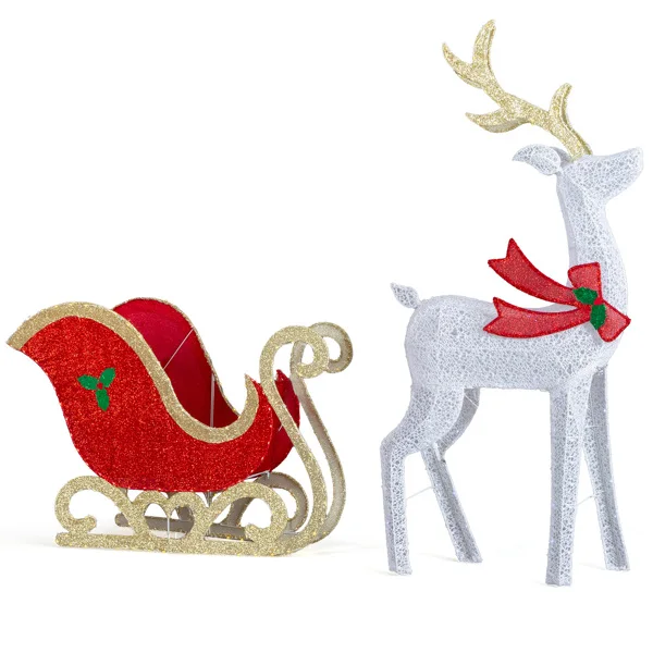 5ft Lighted Christmas Reindeer & Sleigh Outdoor Yard Decoration Set with LED Lights, Red & White