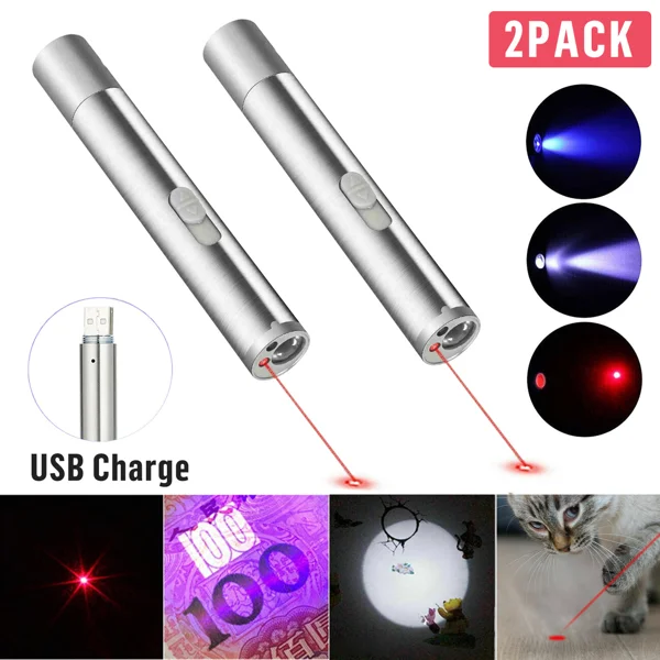2PCS 3 in1 1mw USB Rechargeable Pet Toy Pen Flashlight Red laser Beam UV Light 3-Modes Lamp view 6
